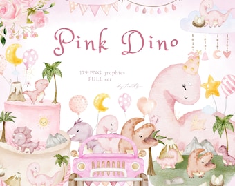 May include: Pink Dino is a set of 179 digital graphics featuring watercolor illustrations of pink dinosaurs, palm trees, cakes, and other party decorations. The graphics are perfect for creating invitations, party decorations, and other craft projects.