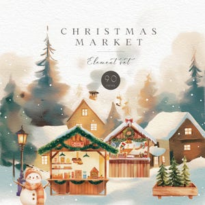 Clipart del mercatino di Natale, clipart del festival di Natale scandinavo, clipart di Natale allegro ad acquerello, Babbo Natale, PNG per le vacanze, Noel festivo