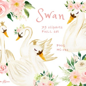 Zwaan clipart PNG, aquarel zwaan, GRATIS COMMERCIEEL gebruik, kinderkamer clipart, ballet zwaan, prinses zwaan, roze bloem clipart png, babyshower