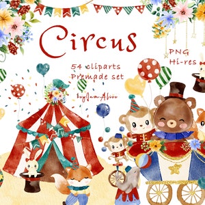 Circus aquarel clipart, rode circus graphics, baby dieren graphics, babyolifant, kinderkamer clipart, baby shower graphics, baby circus PNG