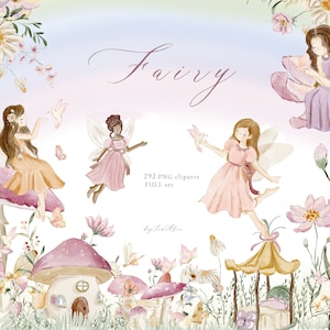 Fairy garden watercolor clipart, enchanted forest, fairy tale graphics, nursery clipart, magical fairy, once upon a time clipart, baby PNG