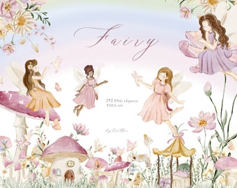 Fairy garden watercolor clipart, enchanted forest, fairy tale graphics, nursery clipart, magical fairy, once upon a time clipart, baby PNG