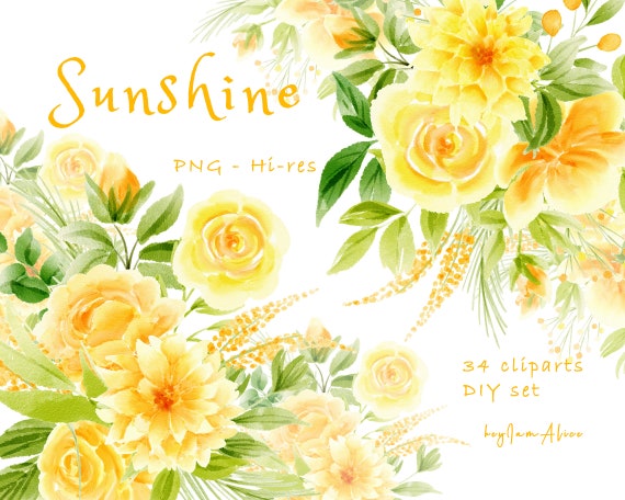 Yellow Gold Flowers PNG Watercolor Clipart