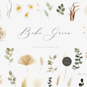 Clipart d'herbe de pampa de palmier séché, aquarelle de fleur Boho rustique, graphique boho élégant, faire-part de mariage, fichier png, sublimation imprimable