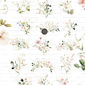 May include: A digital paper pack featuring 35 watercolor floral illustrations. The illustrations are in shades of pink, white, and green and feature various flowers, leaves, and stems. The text "Spring Garden floral arrangements" is at the top of the image.