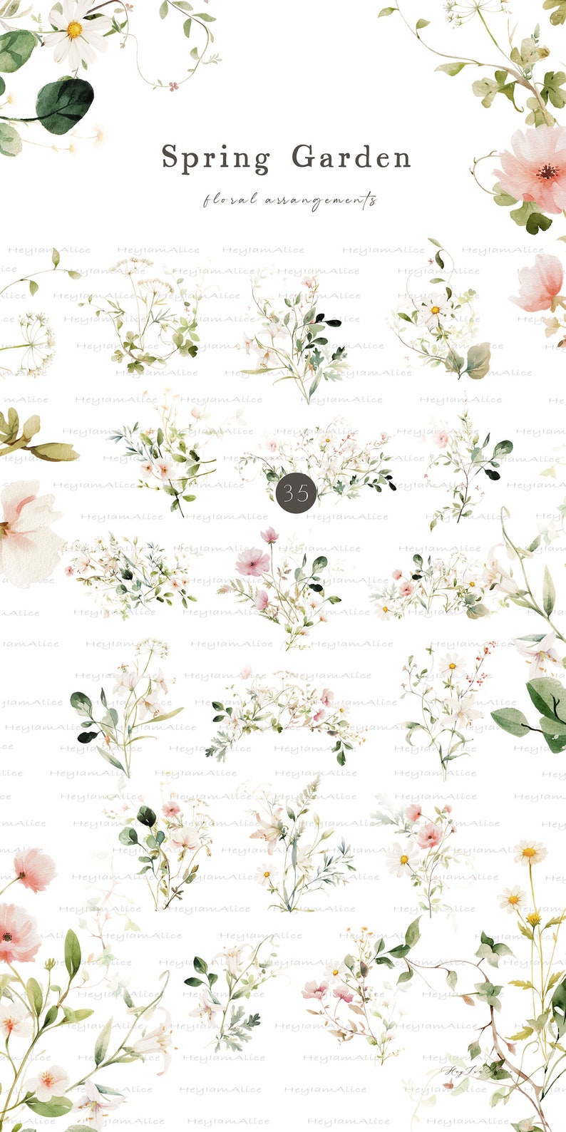 May include: A digital paper pack featuring 35 watercolor floral illustrations. The illustrations are in shades of pink, white, and green and feature various flowers, leaves, and stems. The text "Spring Garden floral arrangements" is at the top of the image.