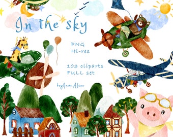 Watercolor baby boy airplane clipart, animal clipart, FREE COMMERCIAL use, boy toy PNG, baby pilot ,helicopter air transport, adventure png