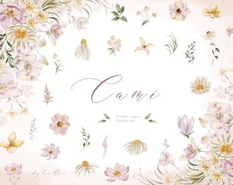 Pink yellow flower watercolor clipart, glow pinkish floral PNG, FREE COMMERCIAL use, soft daisy floral, wedding clipart, wild floral graphic