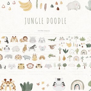 May include: A set of 55 watercolor illustrations featuring jungle animals, plants, and rainbows. The illustrations are in a whimsical style and include animals like lions, giraffes, elephants, and zebras. The set also includes various plants, such as palm trees, cacti, and ferns. The illustrations are perfect for creating invitations, cards, and other crafts.