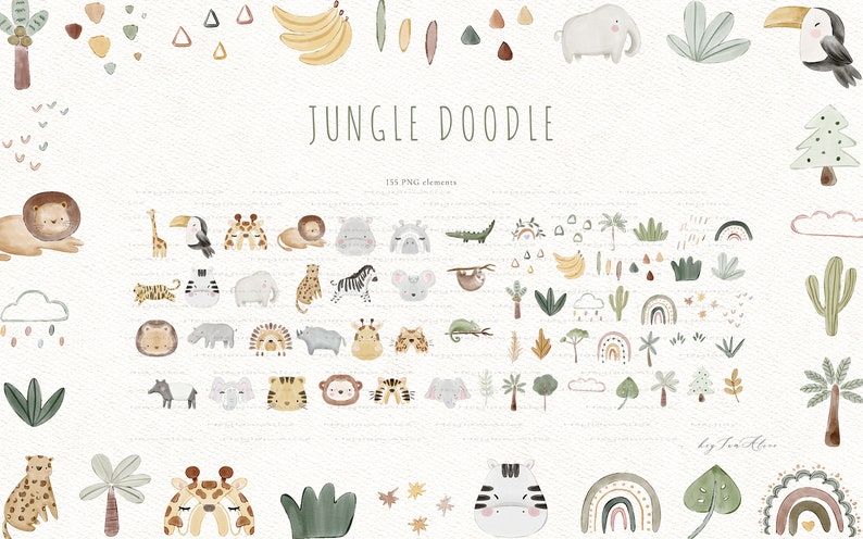 May include: A set of 55 watercolor illustrations featuring jungle animals, plants, and rainbows. The illustrations are in a whimsical style and include animals like lions, giraffes, elephants, and zebras. The set also includes various plants, such as palm trees, cacti, and ferns. The illustrations are perfect for creating invitations, cards, and other crafts.