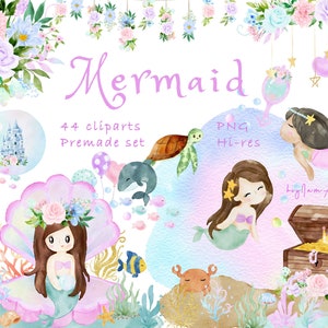 Clipart sirena, grafica acquerello sirenetta, clipart vivaio, grafica per bambini, sotto il mare, PNG animali marini, creature oceaniche, bambino