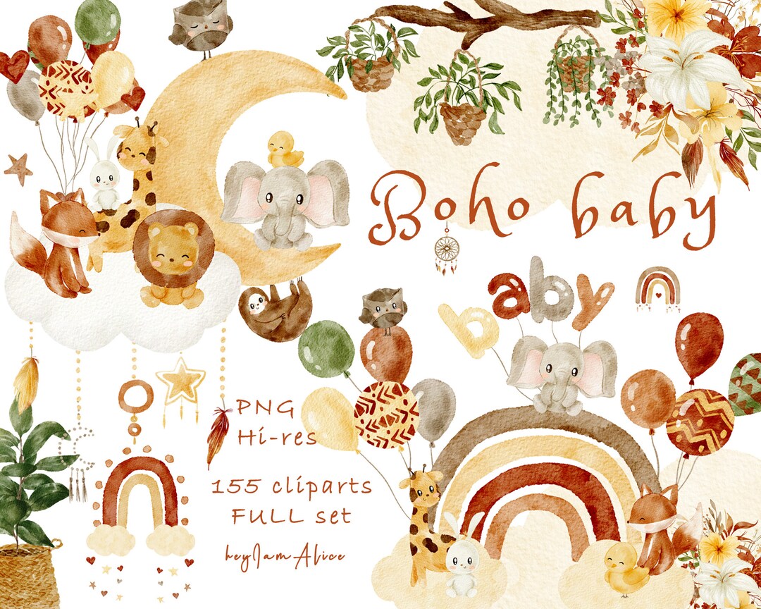 Boho Nursery Clipart, Watercolor Baby Animal Clipart, Newborn Boho Baby