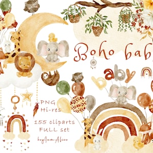 Boho Kinderzimmer Clipart, Aquarell Baby Tier Clipart, Neugeborene Boho Baby, Boho Baby-Dusche PNG, Boho Mond Kind Grafiken, Boho Regenbogen