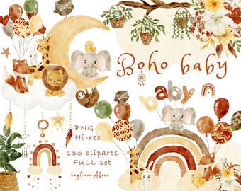 Imágenes prediseñadas de guardería boho, imágenes prediseñadas de animales bebé acuarela, bebé boho recién nacido, baby shower boho PNG, gráficos infantiles de luna boho, arco iris boho