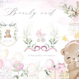 Baby beer clipart, roze aquarel teddybeer PNG, bearly wacht uitnodiging, baby bos dieren clipart, kinderkamer kunst, baby meisje clipart png