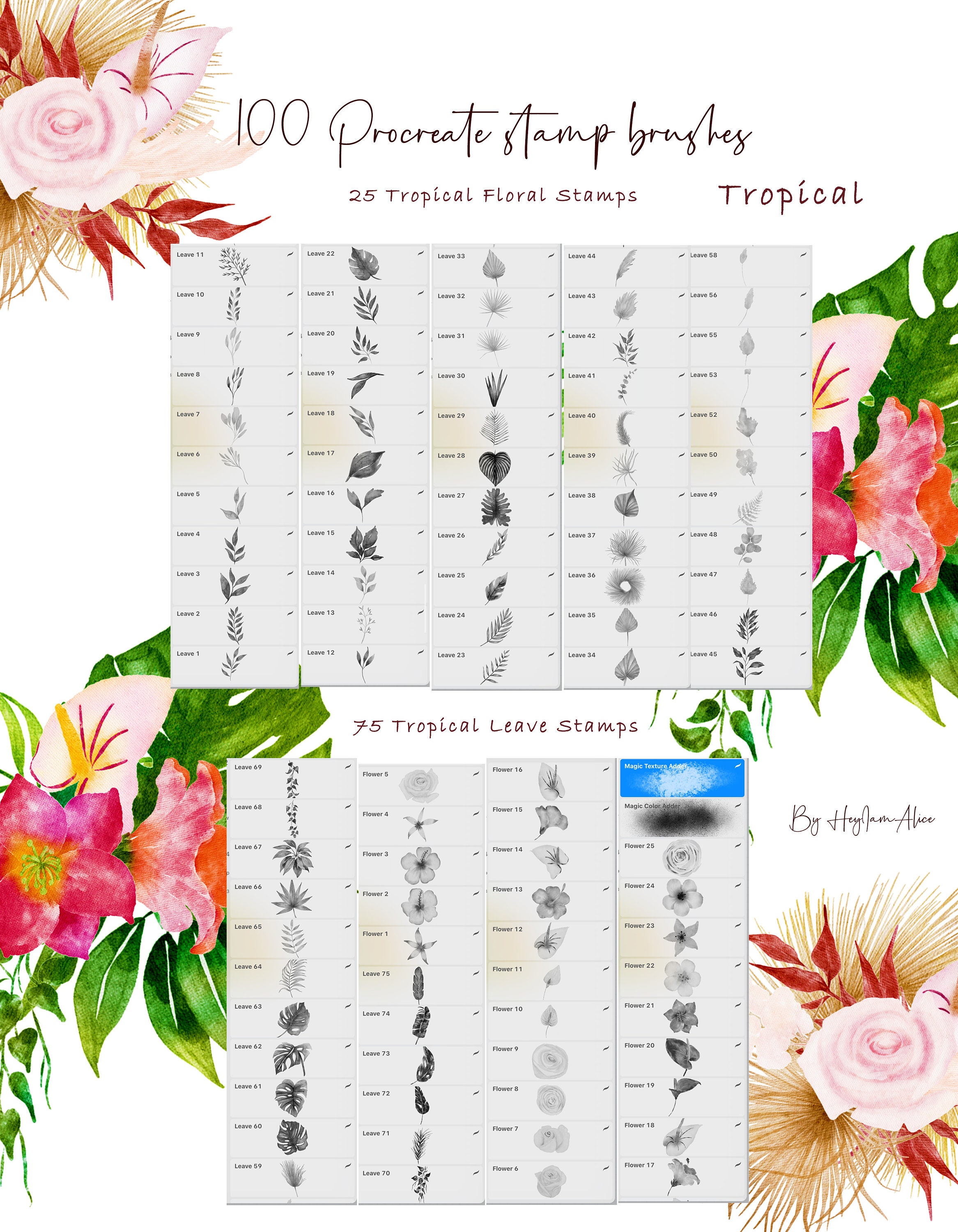 100 Modern Tropical Realistic Watercolor Stamp Procreate Brush, FREE ...