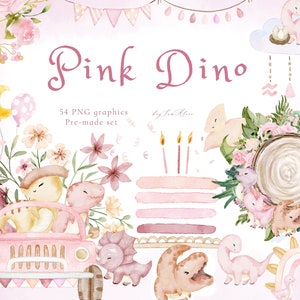 Baby rosa Dinosaurier Aquarell Clipart, niedliches Mädchen Dinosaurier rosa, Dinosaurier Geburtstag Einladung, Baby Dinosaurier PNG, T rex, Tyrannosaurus PNG
