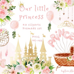Clipart acquerello per bambina, clipart piccola principessa, clipart per asilo nido, uso commerciale gratuito, grafica per baby shower, è una ragazza, PNG neonato