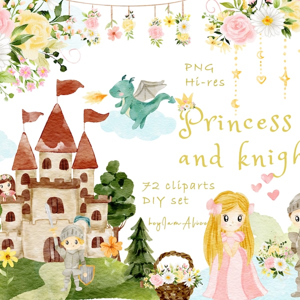 Princess and knight watercolor clipart, fairy tale graphics, dragon digital clipart, princess PNG, nursery clipart, graphics for kid PNG