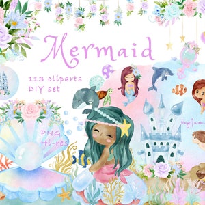 Clipart sirena, grafica acquerello sirenetta, clipart vivaio, grafica per bambini, sotto il mare, PNG animali marini, creature oceaniche, bambino