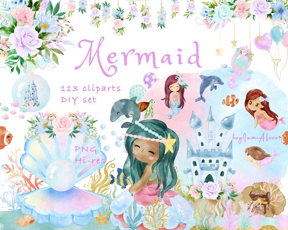Mermaid clipart, little mermaid watercolor graphic, nursery clipart, graphics for kid, under the sea, sea animal PNG, ocean creatures, baby