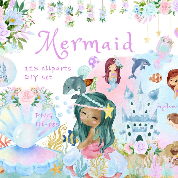 Mermaid clipart, little mermaid watercolor graphic, nursery clipart, graphics for kid, under the sea, sea animal PNG, ocean creatures, baby