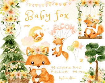 Baby fox watercolor clipart, woodland animal PNG, FREE COMMERCIAL use, baby animal design, nursery art, baby shower clipart, kid graphics