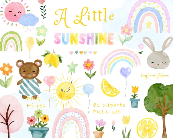 Baby nursery clipart, boho rainbow, sun and cloud, graphics for kid, cute baby shower PNG, baby bunny, baby bear, little sunshine printable