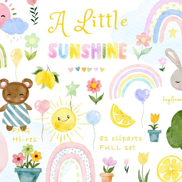 Baby nursery clipart, boho rainbow, sun and cloud, graphics for kid, cute baby shower PNG, baby bunny, baby bear, little sunshine printable