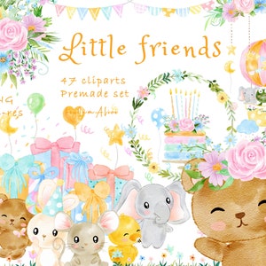Kleines Tier Aquarell Clipart, Baby Tier Grafik, Kinderzimmer PNG, Kinderkunst, kleine Freunde, Baby Elefant, kleiner Hase, Baby Teddybär