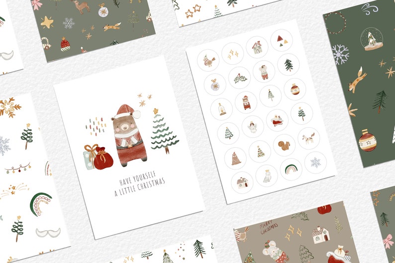 May include: A set of digital printable Christmas cards and stickers featuring a cute bear wearing a Santa hat, a Christmas tree, and the text "Have yourself a little Christmas". The designs are in a watercolor style with a green, red, and white color scheme.