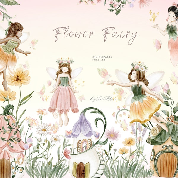 Fairy garden watercolor clipart, enchanted forest, fairy tale graphics, nursery clipart, magical fairy, once upon a time clipart, baby PNG
