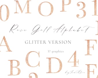 May include: Rose Gold Alphabet Glitter Version, a set of 37 gold glitter letters and numbers. The letters and numbers are in a classic font style.