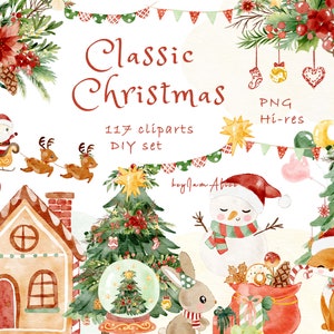 Clipart de Natal, clipart de boneco de neve, clipart de feliz Natal em aquarela, clipart de Papai Noel, feriado PNG, Noel festivo png, árvore de Natal PNG