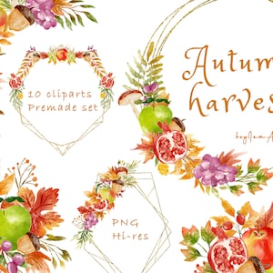 Aquarelle automne Clipart, clipart automne, utilisation COMMERCIALE GRATUITE, champignon PNG, clipart pomme, clipart grenade, congé d’automne, cadre automne