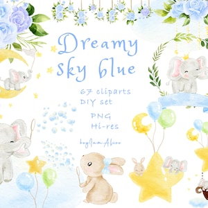 Baby Elefant Clipart, Baby Hase Aquarell Clipart, kleines Tier PNG, Baby Kinderzimmer Kunst, Stern Mond Ballon Grafik, blaues Neugeborenes Baby PNG