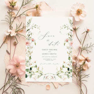 May include: Save the date card with a floral design featuring pink and white flowers and green leaves. The text reads "Save the date" with the names Emily Brown and James Smith, the date September 23, 2023, and the location Varese (VA).