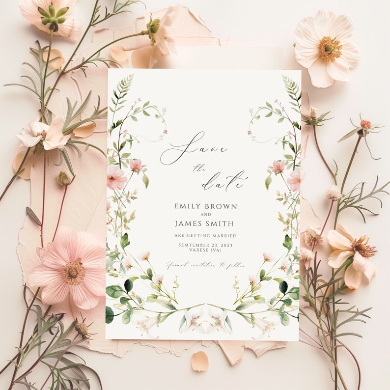May include: Save the date card with a floral design featuring pink and white flowers and green leaves. The text reads "Save the date" with the names Emily Brown and James Smith, the date September 23, 2023, and the location Varese (VA).