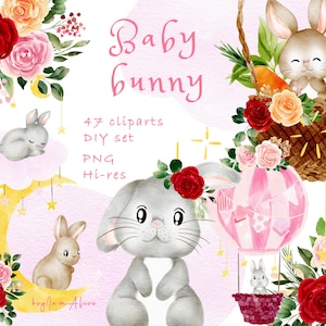 Clipart coniglietto bambino, coniglio rosa acquerello PNG, sublimazione png, clipart animali del bosco, arte della scuola materna, clipart bambina png, coniglietto di Pasqua