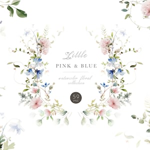 Clipart ad acquerello con fiori in morbida fioritura, elegante PNG floreale rosa blu, invito floreale png, grafica del bouquet di fiori PNG, design a sublimazione