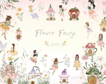 Fairy garden watercolor clipart, enchanted forest, fairy tale graphics, nursery clipart, magical fairy, once upon a time clipart, baby PNG