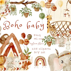 Boho Kinderzimmer Clipart, Aquarell Baby Tier Clipart, Neugeborene Boho Baby, Boho Baby-Dusche PNG, Boho Mond Kind Grafiken, Boho Regenbogen