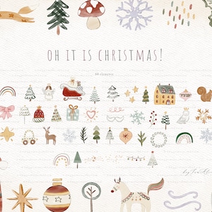 May include: A set of 48 watercolor Christmas illustrations featuring a variety of festive elements, including trees, houses, animals, and ornaments. The illustrations are in a whimsical style with a muted color palette of greens, reds, and browns. The text "Oh it is Christmas!" is written in a festive font.