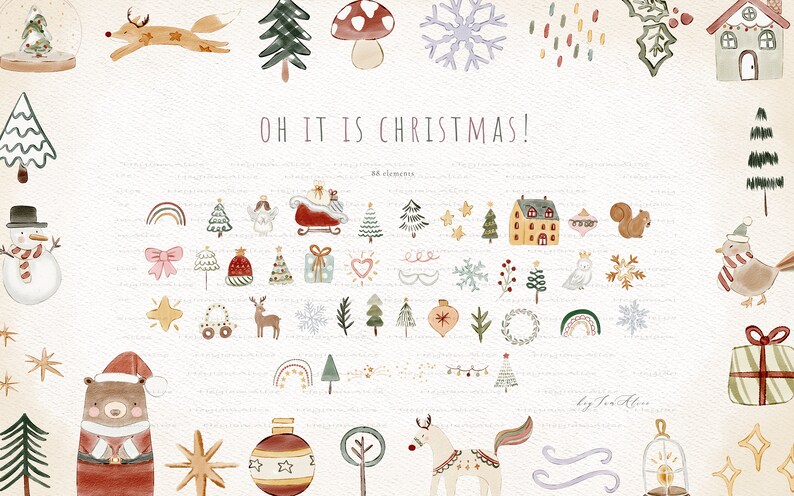 May include: A set of 48 watercolor Christmas illustrations featuring a variety of festive elements, including trees, houses, animals, and ornaments. The illustrations are in a whimsical style with a muted color palette of greens, reds, and browns. The text "Oh it is Christmas!" is written in a festive font.