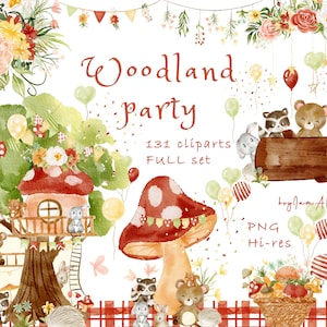 Woodland animal aquarelle clipart, pépinière de bébé forêt, mignon bébé animal graphique, art de la pépinière, aquarelle lapin clipart, ours PNG, art enfant