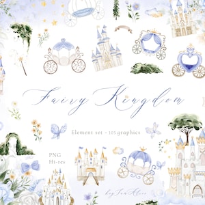 Clipart acquerello per bambina, clipart piccola principessa, clipart per vivaio, regno fatato, castello magico PNG, carrozza blu, compleanno principessa