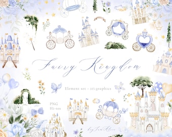 Baby girl watercolor clipart, little princess clipart, nursery clipart, fairy kingdom, magical castle PNG, blue carriage, princess birthday