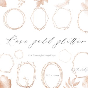 139 geometric frame PNG, Rose Gold Foil Geometric Polygonal Frames Clipart, gold greenery, metallic glitter, wedding invitation, commercial