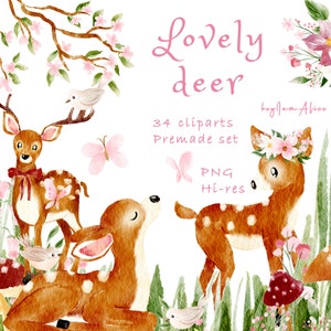 Clipart di cervo per bambini, cervo acquerello rosa PNG, uso COMMERCIALE GRATUITO, clipart di animali del bosco per bambini, decorazioni artistiche per vivai, clipart per bambina png