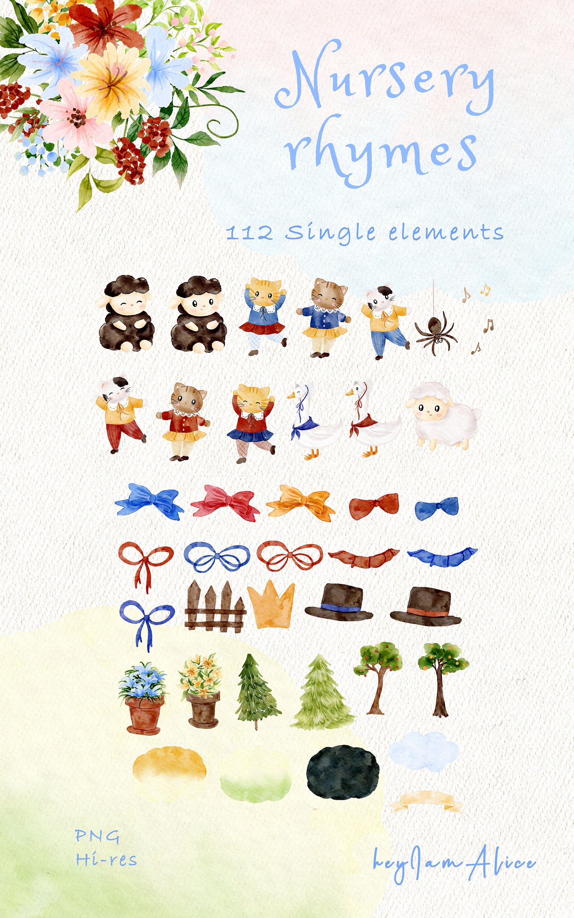 Nursery Rhymes Watercolor Clipart, Mother Goose PNG, Baby Graphics PNG ...